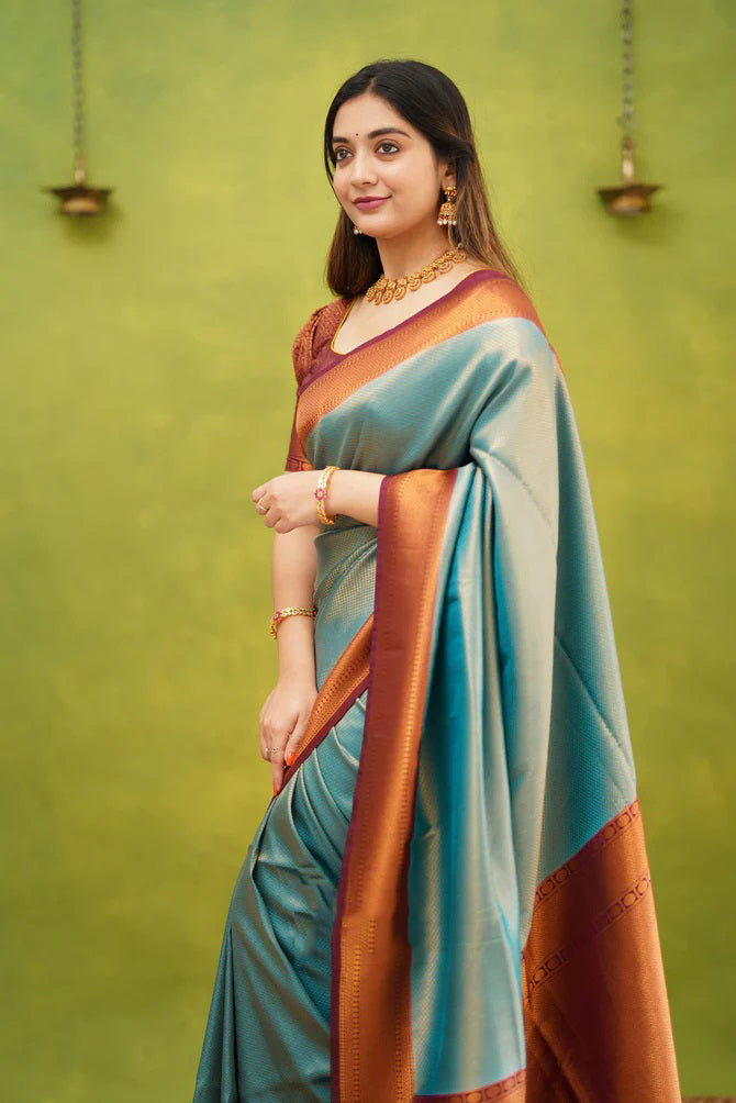 Exuberant Firozi Soft Banarasi Silk Saree With Most Blouse Piece