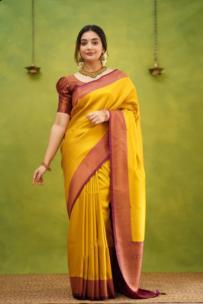 Gossamer Golden Soft Silk Saree With Symmetrical Blouse Piece