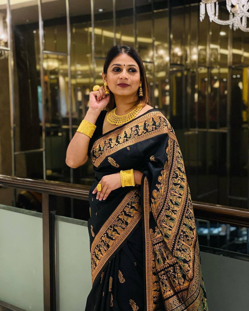 Demanding Black Soft Banarasi Silk Saree With Amiable Blouse Piece