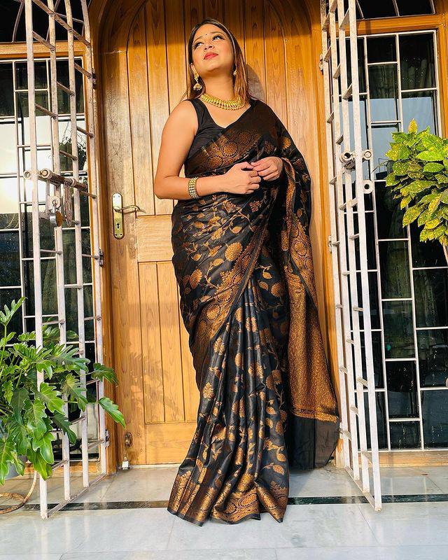 Glowing Black Soft Banarasi Silk Saree With Lovely Blouse Piece