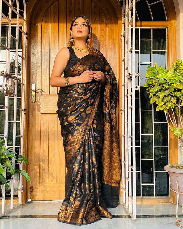 Glowing Black Soft Banarasi Silk Saree With Lovely Blouse Piece