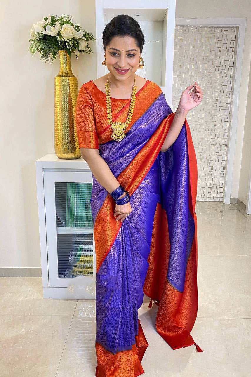 Desultory Royal Blue Soft Silk Saree With Glittering Blouse Piece