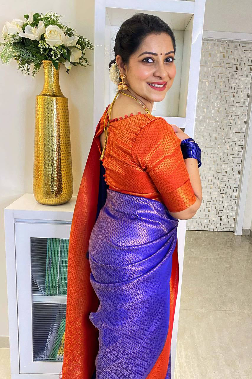 Desultory Royal Blue Soft Silk Saree With Glittering Blouse Piece