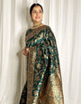 Majesty Dark Green Soft Banarasi Silk Saree With Blooming Blouse Piece