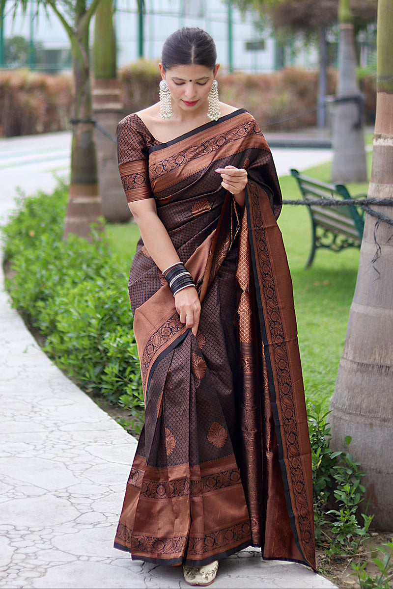 Gossamer Black Soft Banarasi Silk Saree With Cynosure Blouse Piece