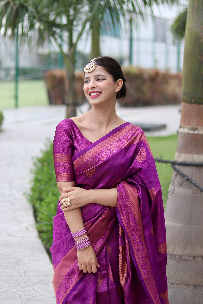 Impressive Purple Soft Banarasi Silk Saree With Blissful Blouse Piece