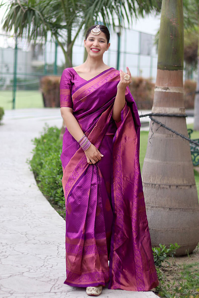 Impressive Purple Soft Banarasi Silk Saree With Blissful Blouse Piece