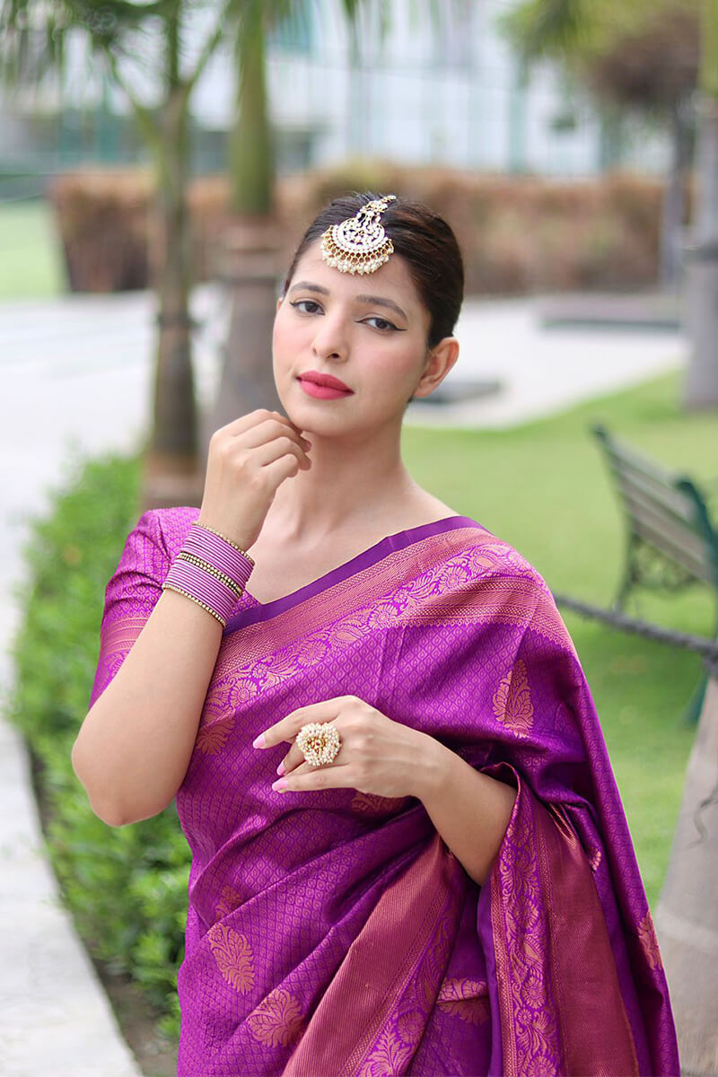 Impressive Purple Soft Banarasi Silk Saree With Blissful Blouse Piece