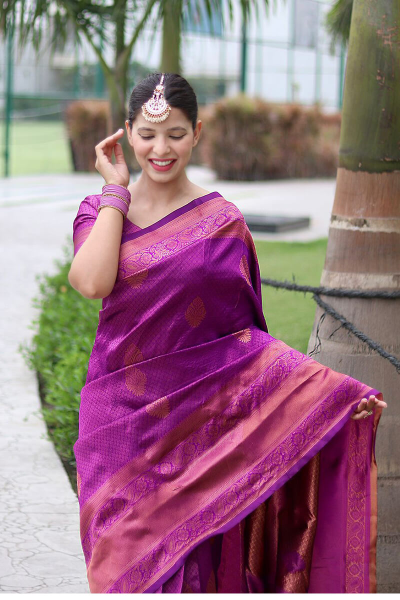 Impressive Purple Soft Banarasi Silk Saree With Blissful Blouse Piece