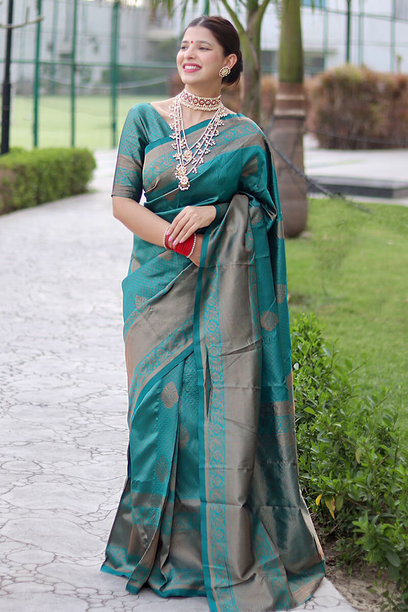 Transcendent Rama Soft Banarasi Silk Saree With Pleasurable Blouse Piece