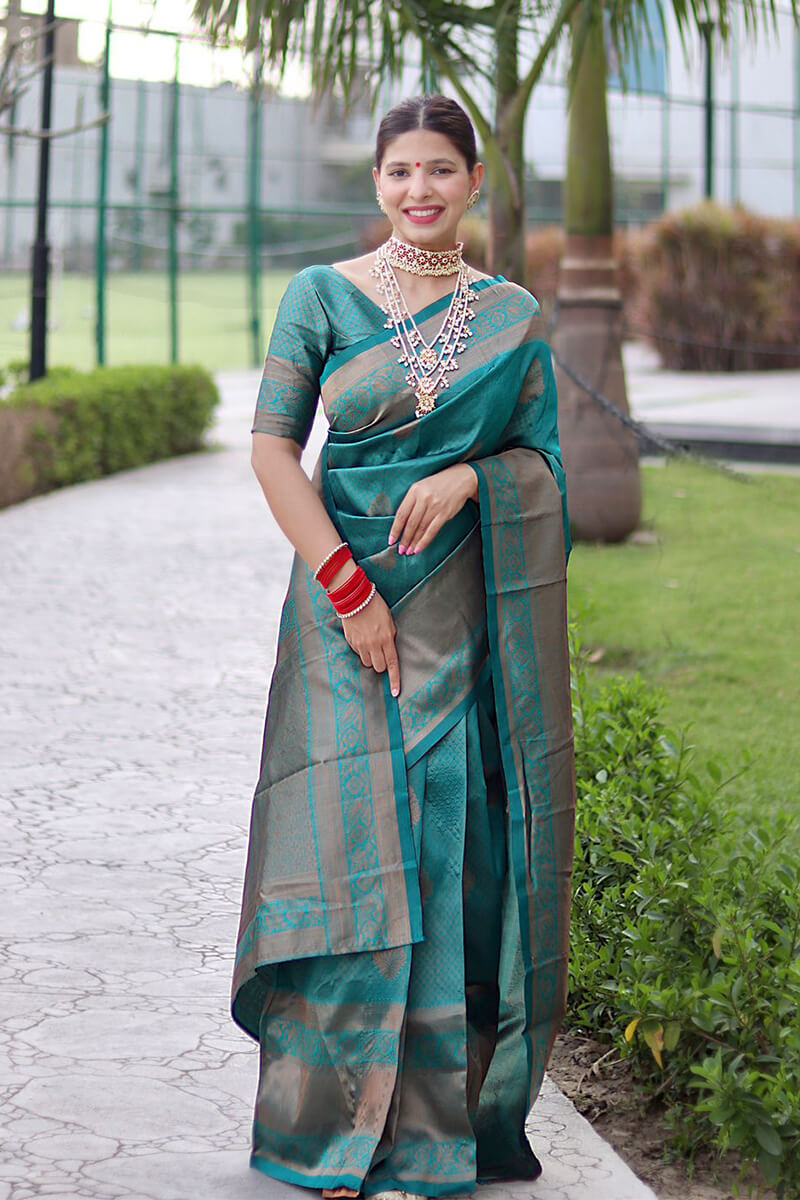 Transcendent Rama Soft Banarasi Silk Saree With Pleasurable Blouse Piece