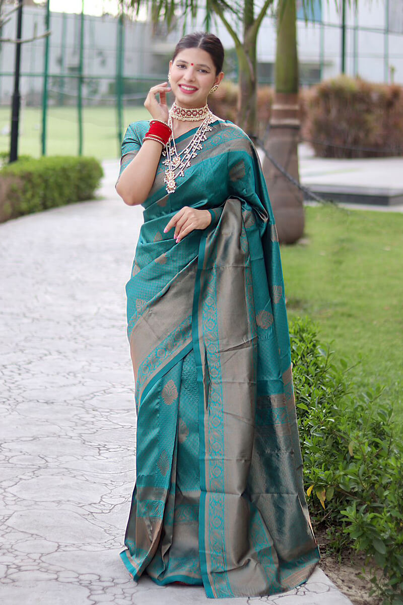 Transcendent Rama Soft Banarasi Silk Saree With Pleasurable Blouse Piece