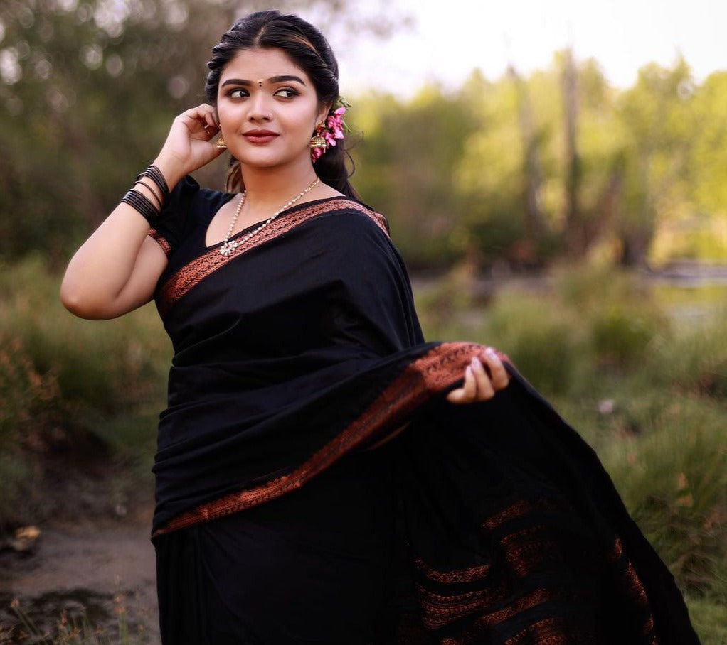 Exquisite Black Soft Banarasi Silk Saree With Marvellous Blouse Piece