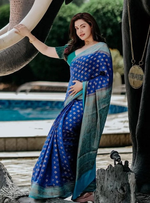 Brood Blue Soft Banarasi Silk Saree With Staring Blouse Piece