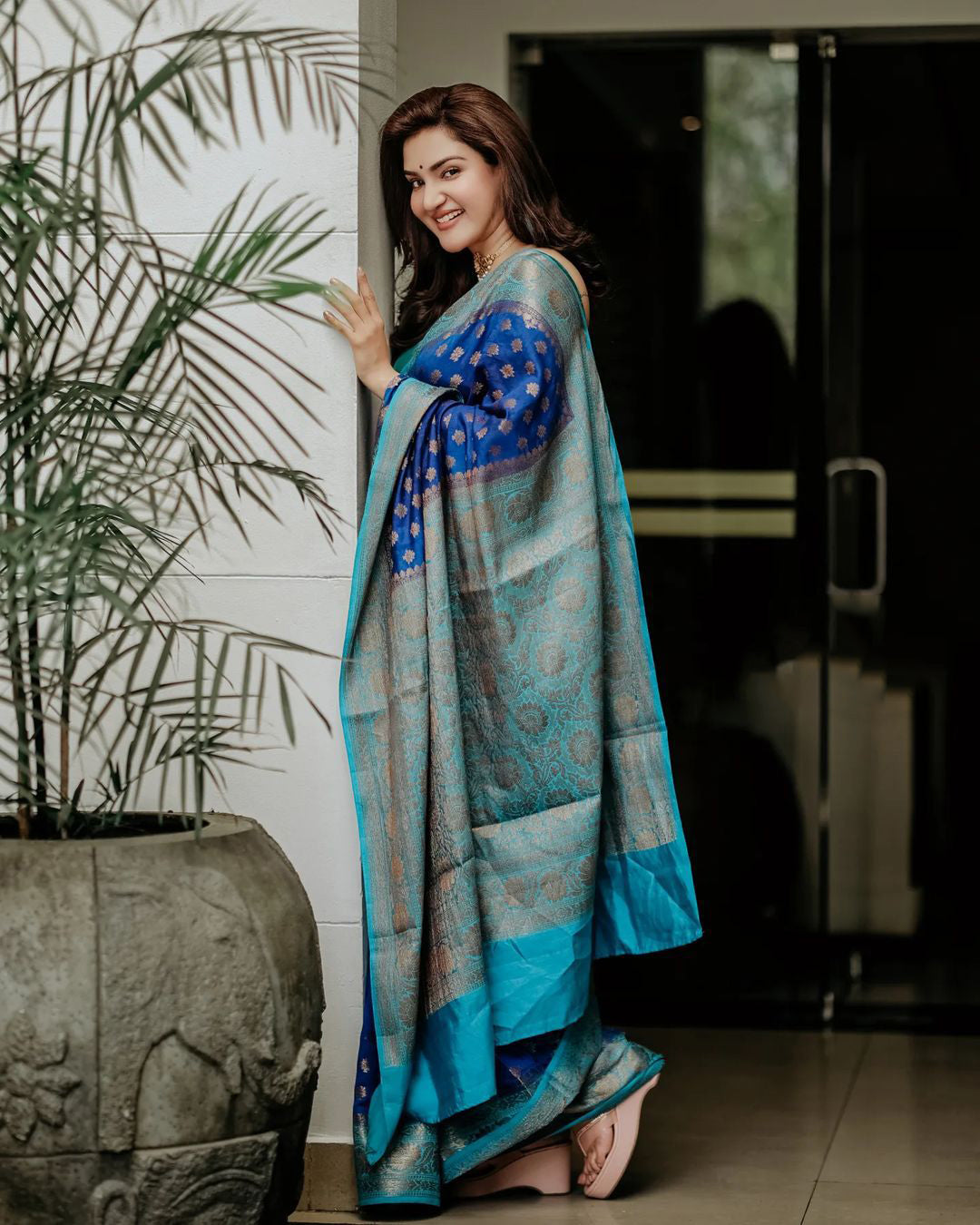 Brood Blue Soft Banarasi Silk Saree With Staring Blouse Piece