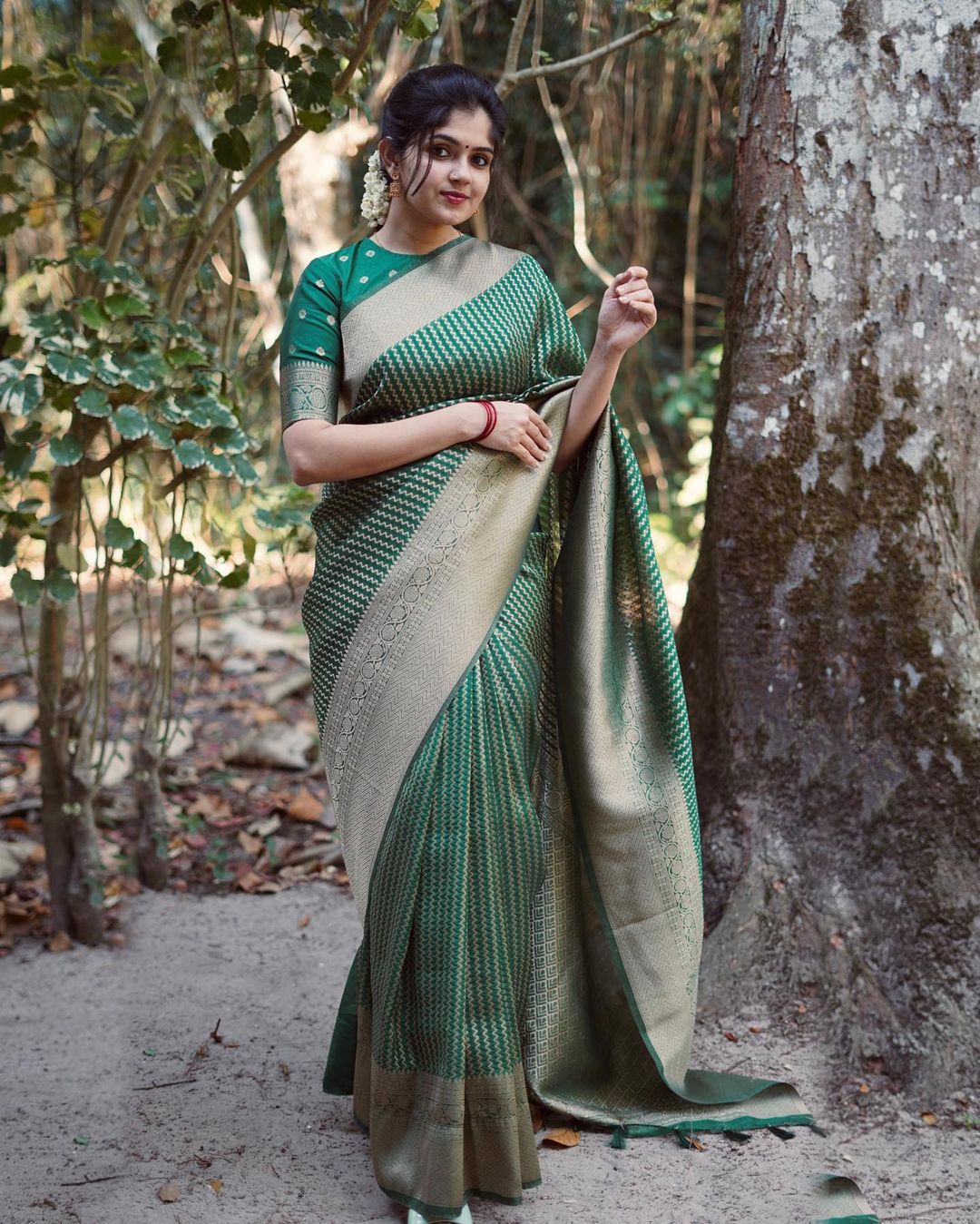 Sophisticated Green Soft Silk Saree With Ailurophile Blouse Piece