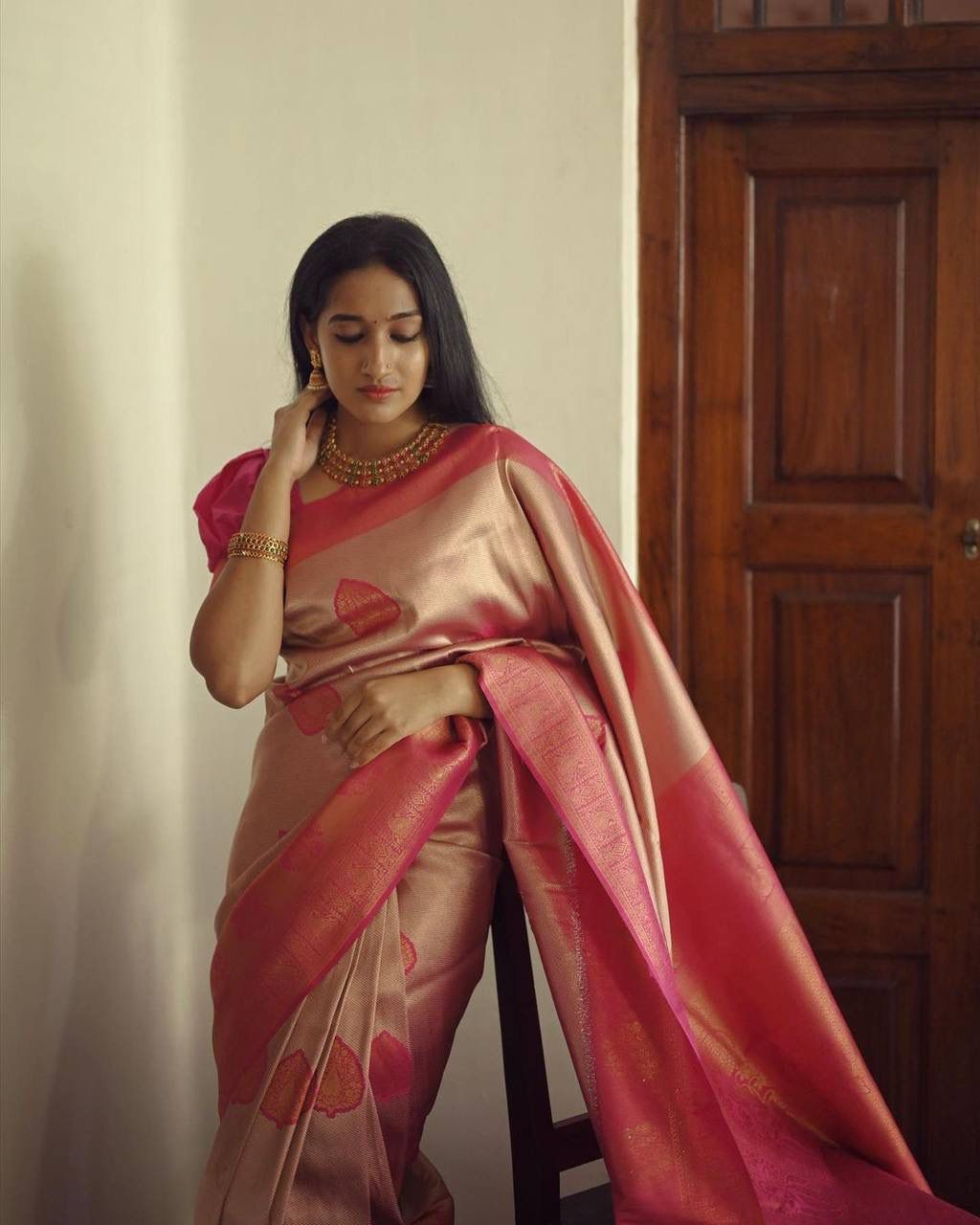 Desirable Peach Soft Silk Saree With Excellent Blouse Piece