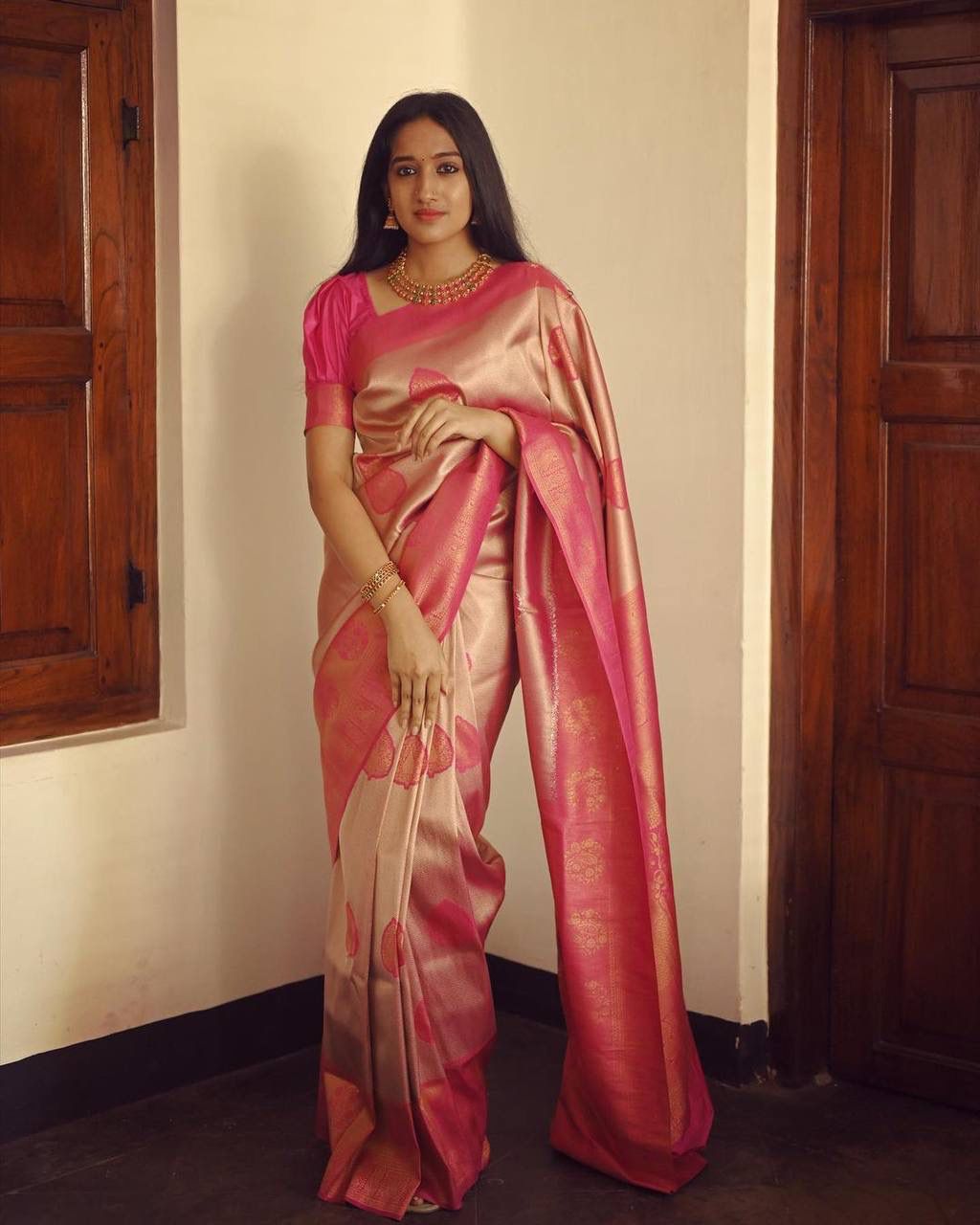 Desirable Peach Soft Silk Saree With Excellent Blouse Piece