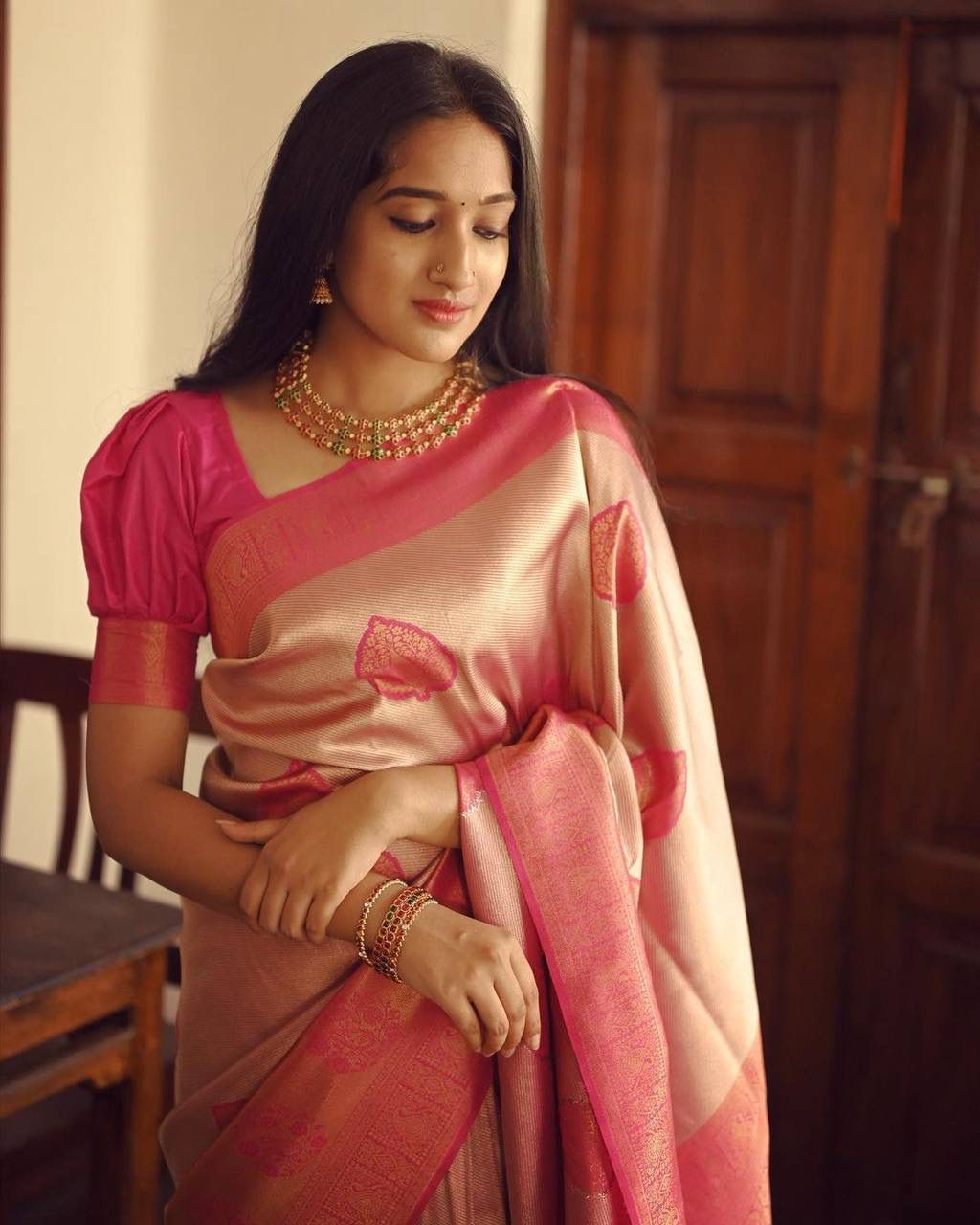 Desirable Peach Soft Silk Saree With Excellent Blouse Piece