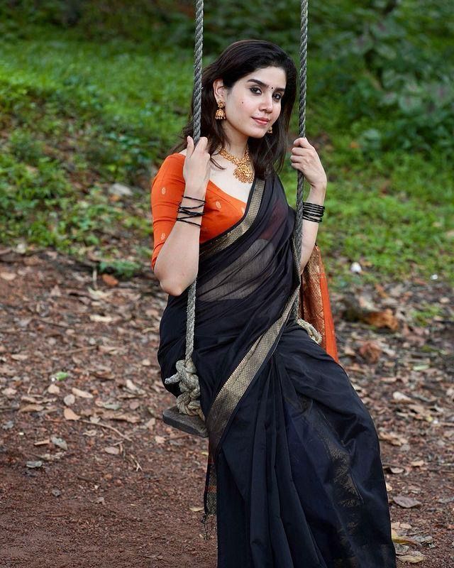 Nemesis Black Soft Silk Saree With Whimsical Blouse Piece