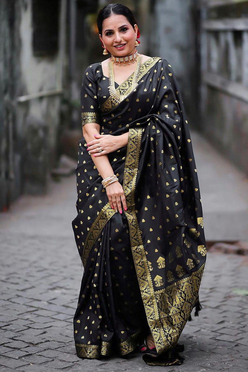 Demesne Black Soft Silk Saree With Brood Blouse Piece