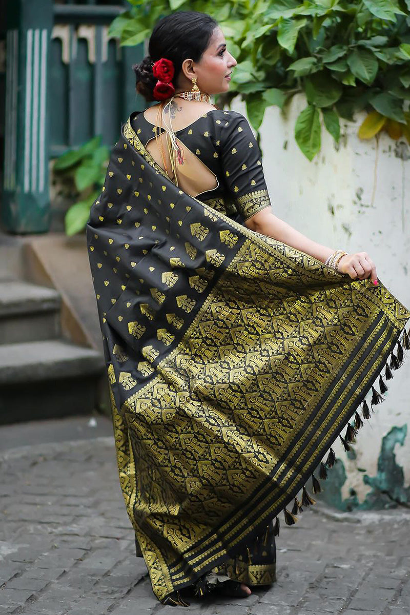 Demesne Black Soft Silk Saree With Brood Blouse Piece