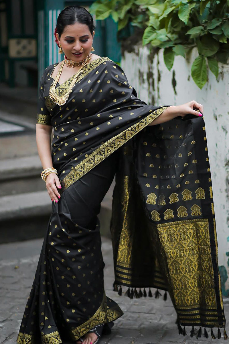 Demesne Black Soft Silk Saree With Brood Blouse Piece