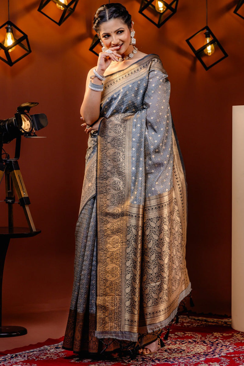 Desiring Grey Soft Silk Saree With Dazzling Blouse Piece