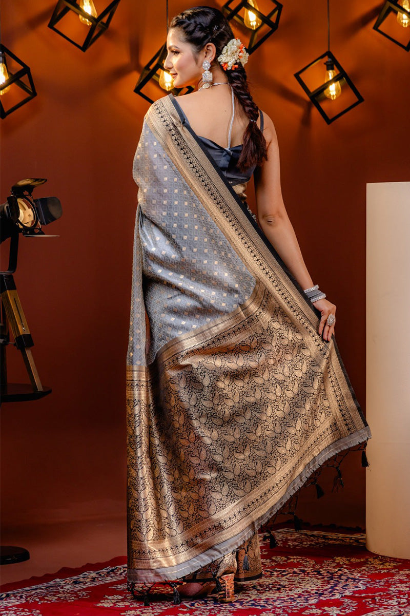 Desiring Grey Soft Silk Saree With Dazzling Blouse Piece