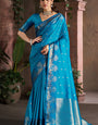 Sizzling Firozi Pure Zari Weaving Banarasi Silk Saree With Flaunt Blouse Piece