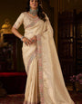 Desultory Beige Handwork Kanjivaram Silk Saree With Exquisite Blouse Piece