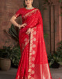 Outstanding Red Pure Zari Weaving Banarasi Silk Saree With Whimsical Blouse Piece