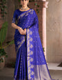 Ravishing Royal Blue Pure Zari Weaving Banarasi Silk Saree With Gratifying Blouse Piece