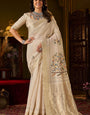 Flattering Beige Handwork Linen Silk Saree With Fugacious Blouse Piece