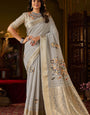 Evocative Grey Handwork Linen Silk Saree With Outstanding Blouse Piece