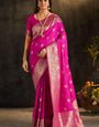 Intricate Dark Pink Pure Banarasi Silk Saree With Verdant Blouse Piece