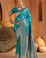 Enticing Firozi Pure Banarasi Silk Saree With Ethereal Blouse Piece