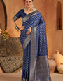 Artistic Navy Blue Pure Banarasi Silk Saree With Groovy Blouse Piece