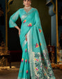 Energetic Turquoise Cotton Silk Saree With Elision Blouse Piece