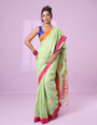 Comely Pista Handloom Cotton Silk Saree With Quintessential Blouse Piece