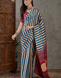 Enthralling Navy Blue Ajrakh Printed Semi Modal Silk Saree With Beguiling Blouse Piece