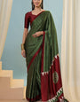 Classic Dark Green Ajrakh Printed Semi Modal Silk Saree With Appealing Blouse Piece