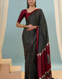 Gleaming Black Ajrakh Printed Semi Modal Silk Saree With Skinny Blouse Piece