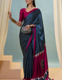 Divine Navy Blue Ajrakh Printed Semi Modal Silk Saree With Pulsating Blouse Piece