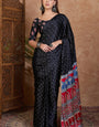 Propinquity Black Ajrakh Printed Semi Modal Silk Saree With Energetic Blouse Piece
