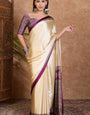 Flattering Off White Ajrakh Printed Semi Modal Silk Saree With Traditional Blouse Piece
