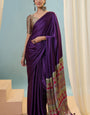 Nectarous Purple Ajrakh Printed Semi Modal Silk Saree With Surpassing Blouse Piece