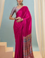 Most Stunning Dark Pink Ajrakh Printed Semi Modal Silk Saree With Symmetrical Blouse Piece