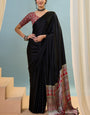 Smashing Black Ajrakh Printed Semi Modal Silk Saree With Verdant Blouse Piece