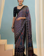 Lustrous Navy Blue Ajrakh Printed Semi Modal Silk Saree With Exceptional Blouse Piece